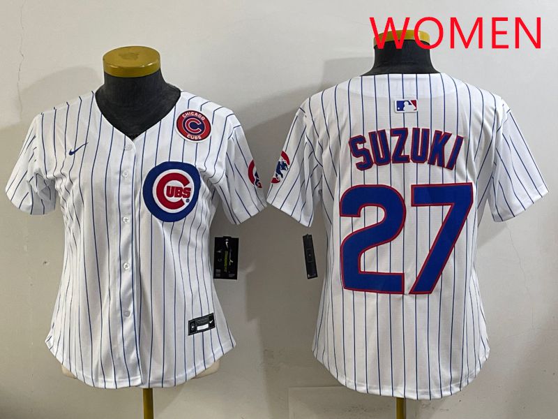 Women 2025 Chicago Cubs #27 Suzuki White Stripe Game Nike MLB Jersey style 6->women mlb jersey->Women Jersey
